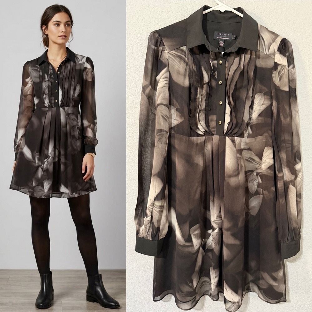 Ted Baker London Mini Silk Dress Size 1 US 4 Black Lily Print Ruffle Shirt